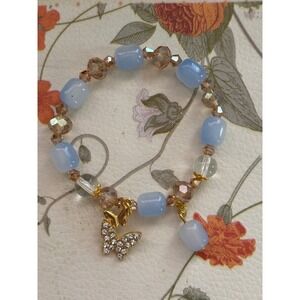 Blue Beaded Butterfly glass Charm Stretch Bracelet Gold Tone Rhinestones